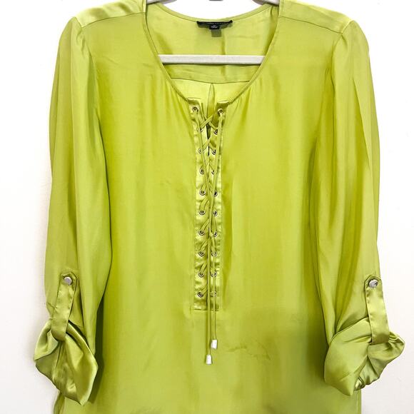 Anthropologie Etcetera Silk Womens Shirt Size 10 Green Lace Up Office Work - Picture 3 of 8
